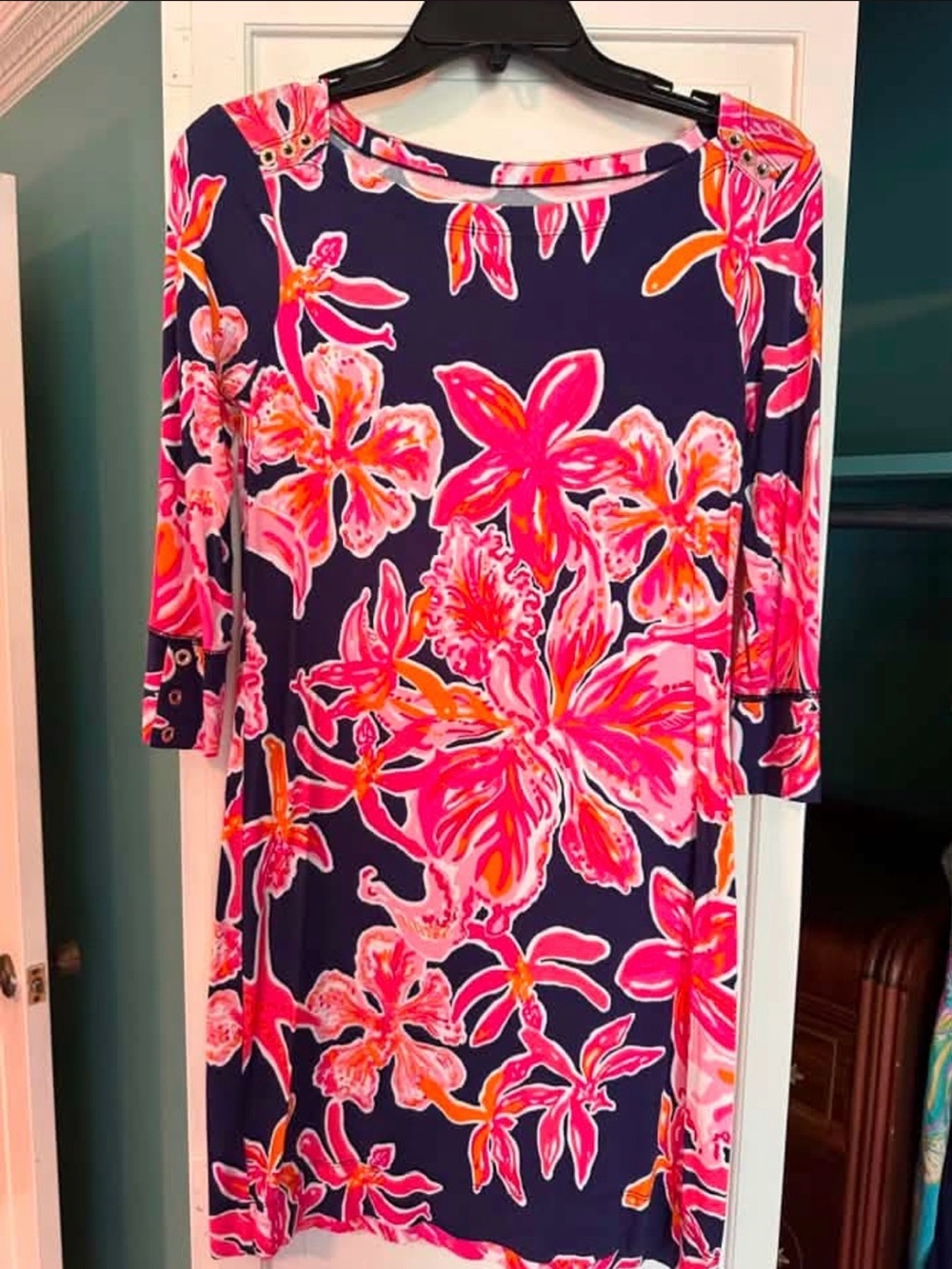 Lilly Pulitzer Navy Dress with Pink & Orange Floral Print